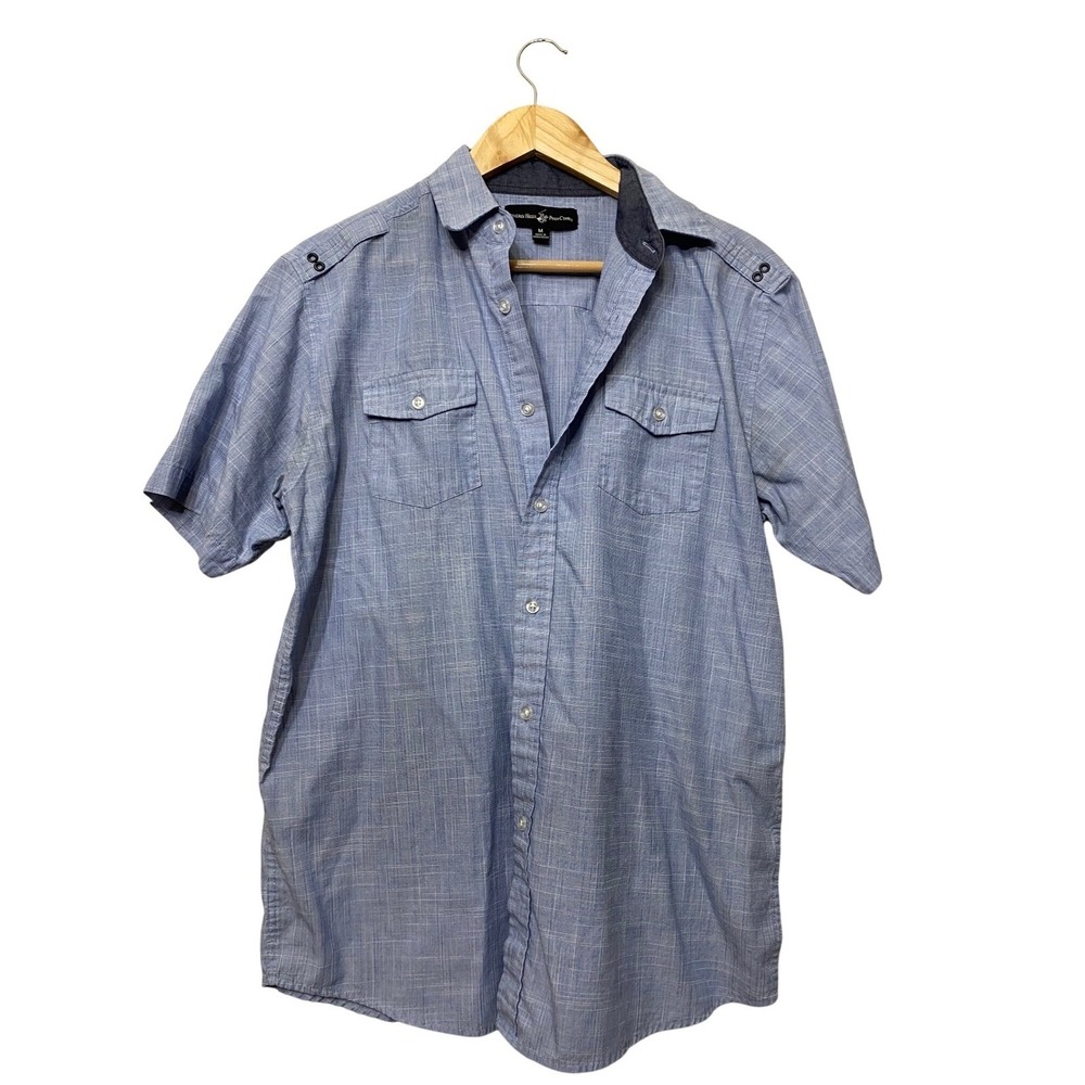 Beverly‎ Hills Polo Club Mens Blue Short Sleeve Button Down Shirt Epaulettes M